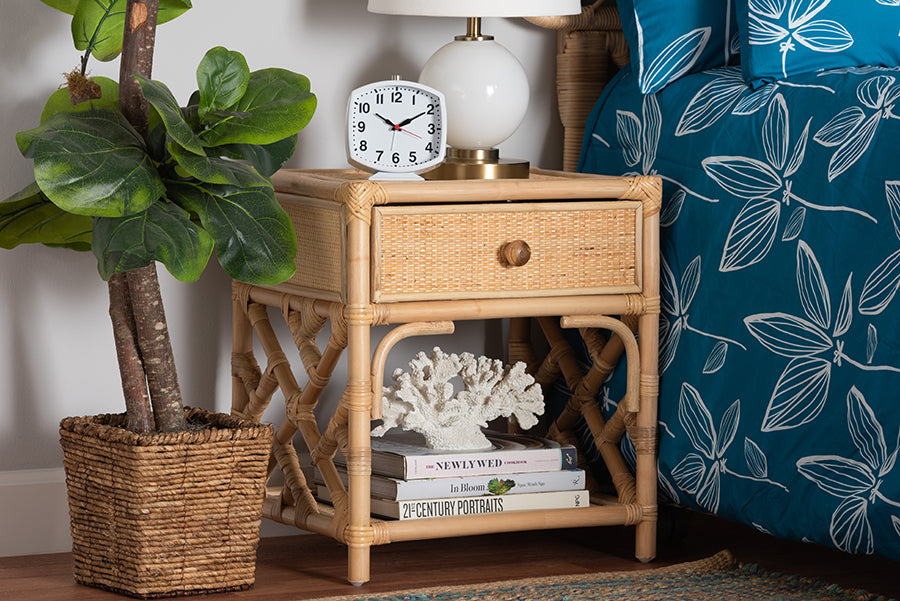 bali & pari Camara Modern Bohemian Natural Brown Rattan 1-Drawer Nightstand