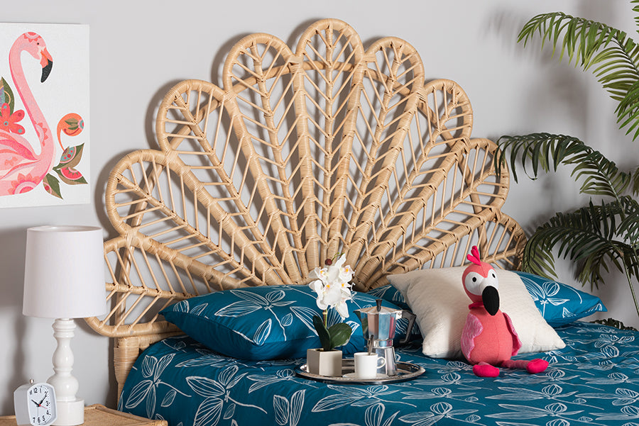 bali & pari Variel Modern Bohemian Natural Brown Rattan Queen Size Standalone Headboard