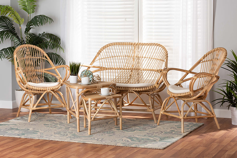 Baxton Studio Jayden Modern Bohemian White Fabric Upholstered and Natural Brown Finished Rattan 5-Piece Living Room Set