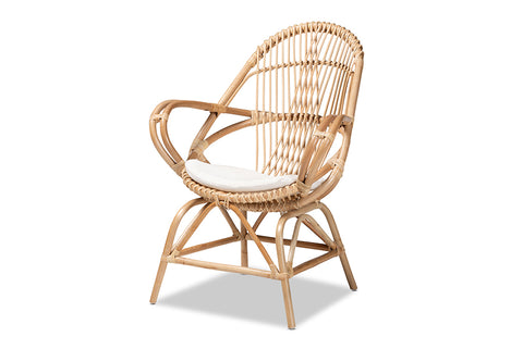 bali & pari Jayden Modern Bohemian White Fabric Upholstered and Natural Brown Finished Rattan Accent Chair