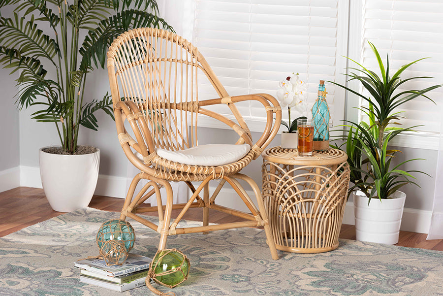 bali & pari Jayden Modern Bohemian White Fabric Upholstered and Natural Brown Finished Rattan Accent Chair