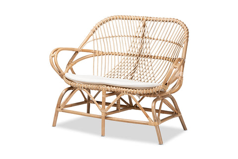 bali & pari Jayden Modern Bohemian White Fabric Upholstered and Natural Brown Finished Rattan Loveseat