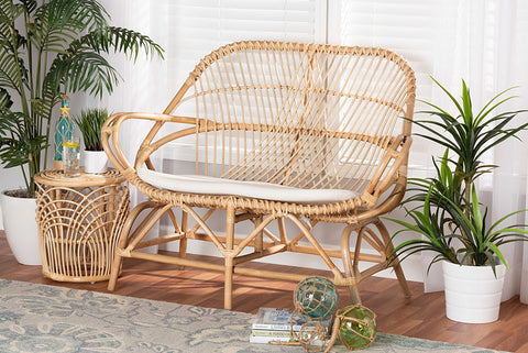 bali & pari Jayden Modern Bohemian White Fabric Upholstered and Natural Brown Finished Rattan Loveseat