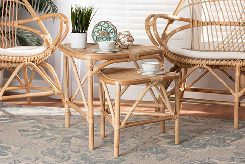 bali & pari Jayden Modern Bohemian Natural Brown Finished Rattan 2-Piece End Table Set