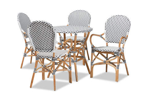 Baxton Studio Naila Classic French Black and White Plastic and Natural Brown Rattan 5-Piece Indoor and Outdoor Bistro Set