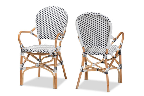 bali & pari Naila Classic French Black and White Weaving and Natural Brown Rattan 2-Piece Indoor and Outdoor Bistro Chair Set