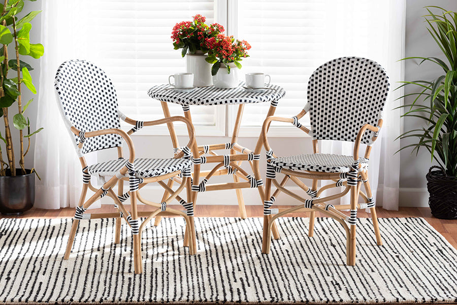 bali & pari Naila Classic French Black and White Weaving and Natural Brown Rattan 2-Piece Indoor and Outdoor Bistro Chair Set