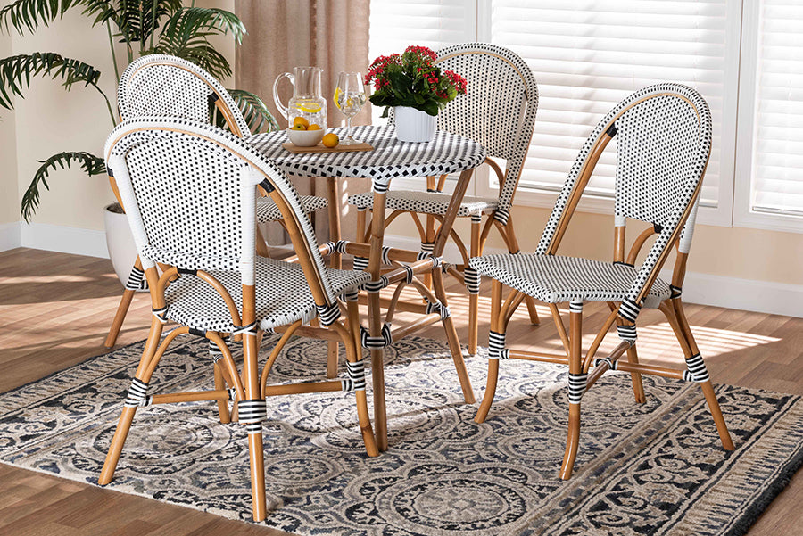 Baxton Studio Genica Classic French Black and White Weaving and Natural Brown Rattan 5-Piece Indoor and Outdoor Bistro Set