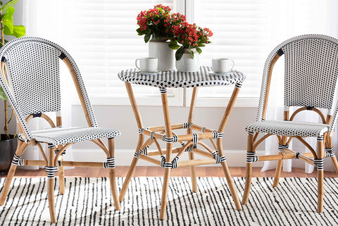 bali & pari Tavor Classic French Black and White Weaving and Natural Brown Rattan Indoor and Outdoor Bistro Table