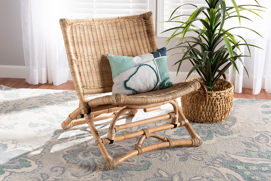 bali & pari Herrara Modern Bohemian Natural Brown Antique Rattan Foldable Lounge Chair
