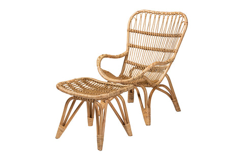Baxton Studio Earvin Modern Bohemian Natural Brown Rattan 2-Piece Armchair and Footstool Set