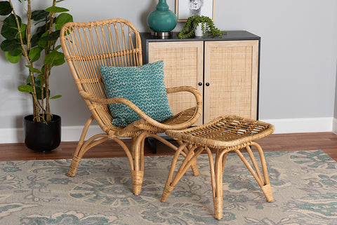 Baxton Studio Earvin Modern Bohemian Natural Brown Rattan 2-Piece Armchair and Footstool Set