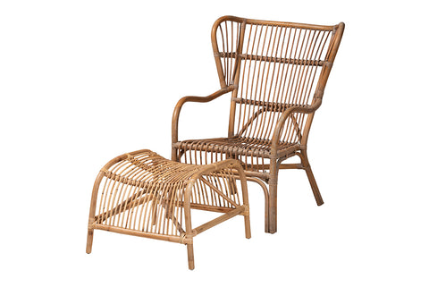 Baxton Studio Lamaria Modern Bohmenian Natural Brown Antique Rattan 2-Piece Chair and Footstool Set