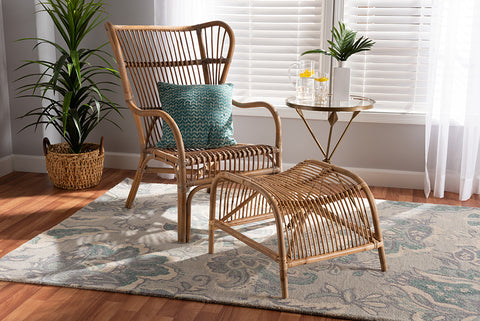 Baxton Studio Lamaria Modern Bohmenian Natural Brown Antique Rattan 2-Piece Chair and Footstool Set