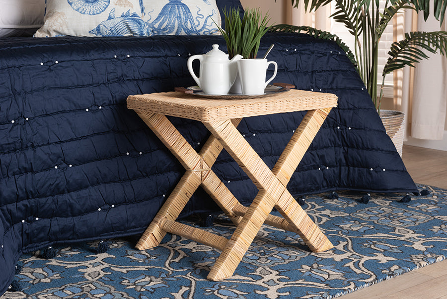 bali & pari Farica Modern Bohemian Natural Rattan And Mahogany Accent Bench