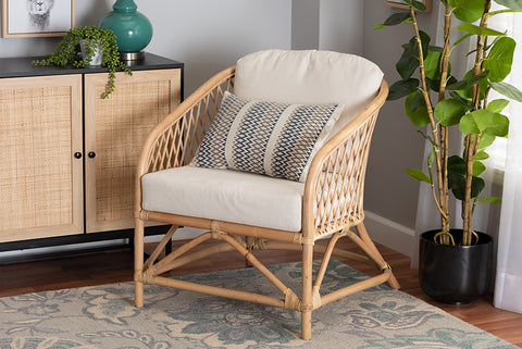 bali & pari Patsy Modern Bohemian White Fabric and Natural Brown Rattan Armchair