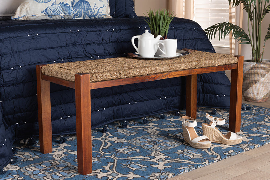bali & pari Hermes Mid-Century Modern Transitional Natural Seagrass and Mahogany Wood Bench