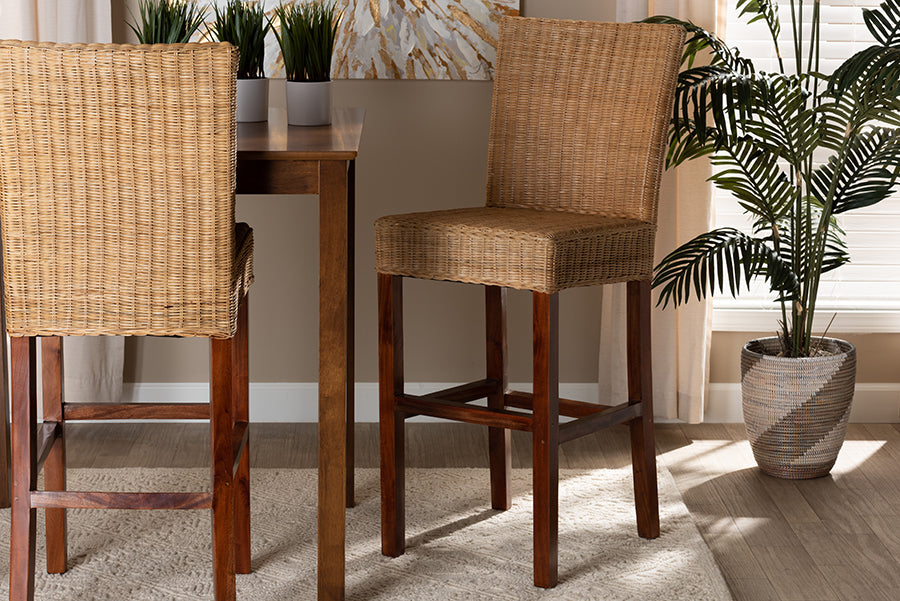 bali & pari Racquel Modern Bohemian Natural Rattan and Mahogany Wood Bar Stool