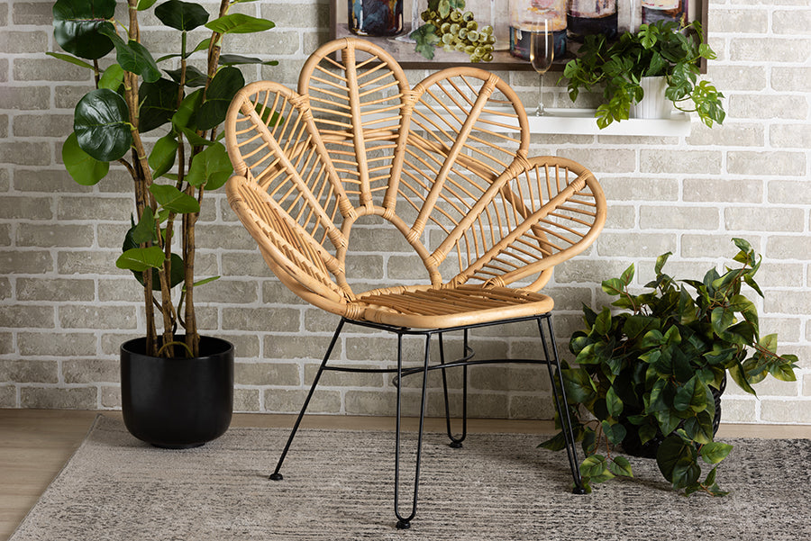 bali & pari Garan Modern Bohemian Natural Brown Rattan and Black Metal Accent Chair
