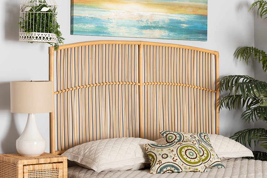 bali & pari Malvina Modern Bohemian Natural Brown Rattan Queen Size Wall-mount Headboard