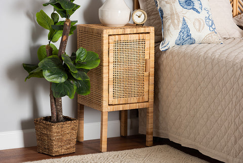 bali & pari Vivan Modern Bohemian Natural Brown Rattan 1-Door Nightstand