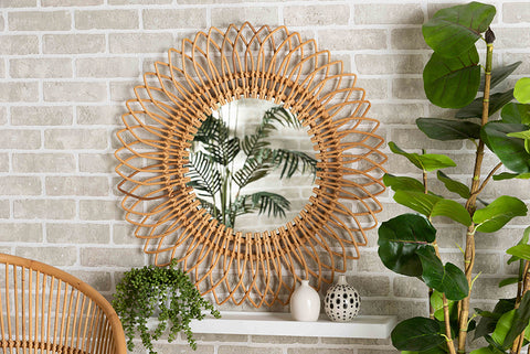 bali & pari Bora Modern Bohemian Natural Brown Rattan Accent Wall Mirror