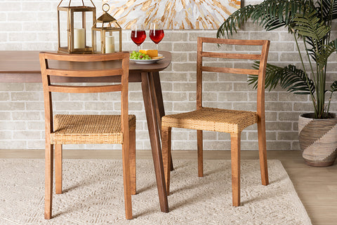 bali & pari Arthur Mid-Century Modern Walnut Brown Mahogany Wood and Natural Rattan 2-Piece Dining Chair Set