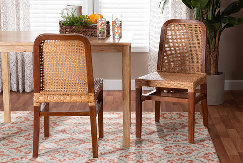 bali & pari Caspia Mid-Century Modern Walnut Brown Mahogany Wood and Natural Rattan 2-Piece Dining Chair Set