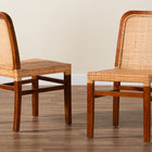 bali & pari Caspia Mid-Century Modern Walnut Brown Mahogany Wood and Natural Rattan 2-Piece Dining Chair Set