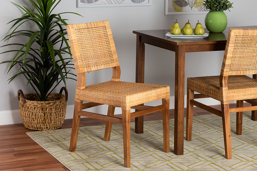 bali & pari Lesia Modern Bohemian Natural Brown Rattan and Walnut Brown Mahogany Wood Dining Chair