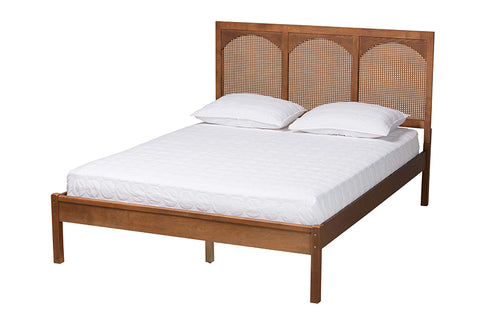 Baxton Studio Blossom Classic and Traditional Ash Walnut Finished Wood and Rattan Queen Size Platform Bed