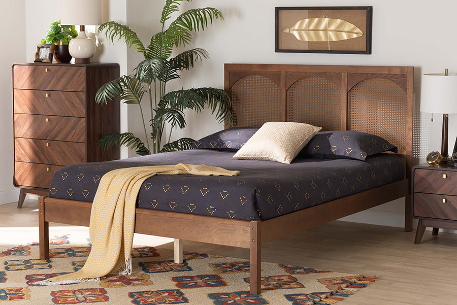 Baxton Studio Blossom Classic and Traditional Ash Walnut Finished Wood and Rattan King Size Platform Bed