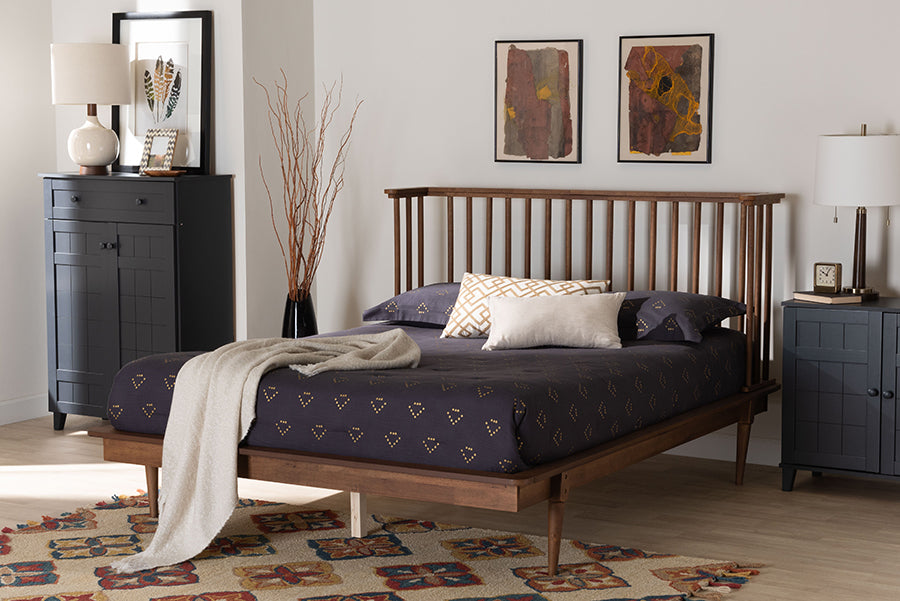 Baxton Studio Flint Mid-Century Modern Ash Walnut Finished Wood Queen Size Platform Bed