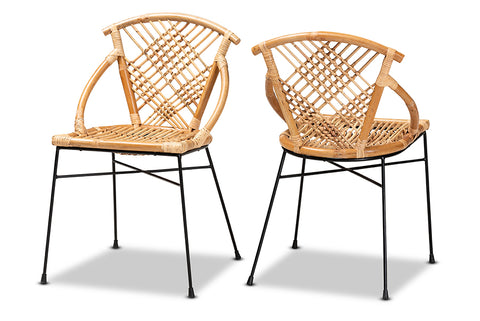 bali & pari Pro Modern Bohemian Natural Brown Rattan and Black Metal 2-Piece Dining Chair Set