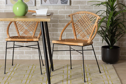 bali & pari Pro Modern Bohemian Natural Brown Rattan and Black Metal 2-Piece Dining Chair Set