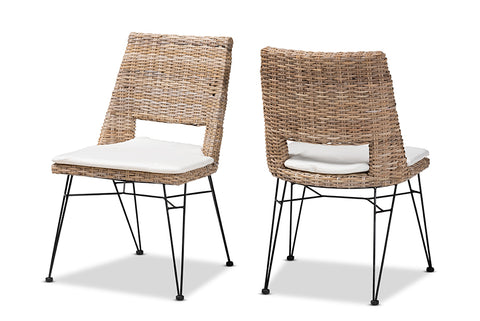 bali & pari Nafaro Modern Bohemian Greywashed Natural Rattan Metal Dining Chair with Cushion 2-Piece Set