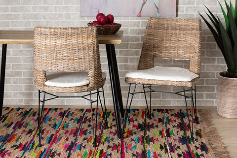 bali & pari Nafaro Modern Bohemian Greywashed Natural Rattan Metal Dining Chair with Cushion 2-Piece Set