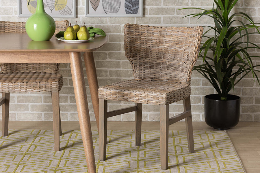bali & pari Enver Modern Bohemian Grey Rattan and Brown Wood Dining Chair