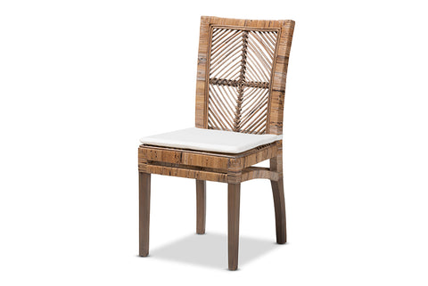 bali & pari Laluna Modern Bohemian Greywashed Natural Rattan and Mahogany Dining Chair with Cushion