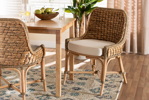 bali & pari Kyle Modern Bohemian Natural Brown Woven Rattan Dining Side Chair With Cushion