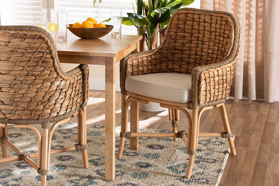 bali & pari Kyle Modern Bohemian Natural Brown Woven Rattan Dining Arm Chair with Cushion