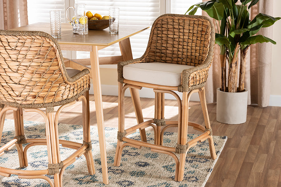 bali & pari Kyle Modern Bohemian Natural Brown Woven Rattan Counter Stool with Cushion
