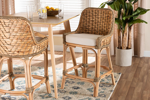 bali & pari Kyle Modern Bohemian Natural Brown Woven Rattan Counter Stool with Cushion