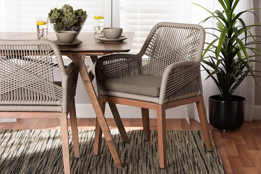bali & pari Jennifer Mid-Century Transitional Grey Woven Rope Mahogany Dining Arm Chair
