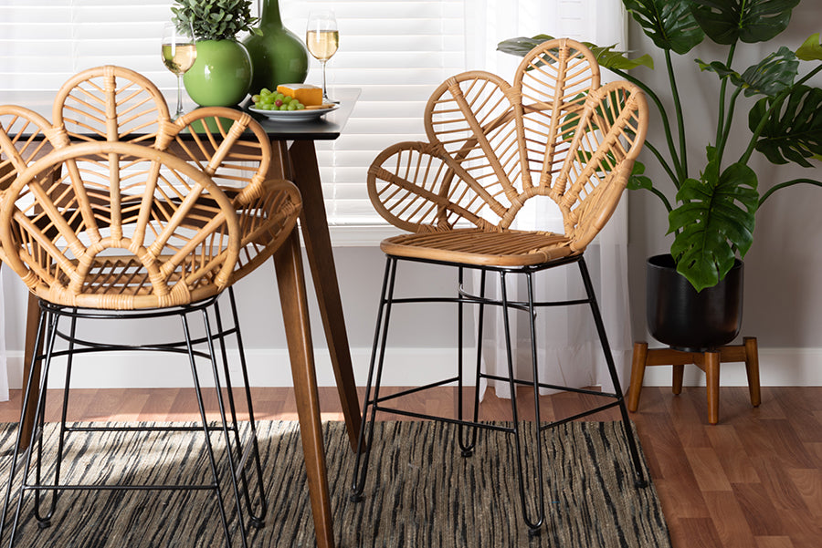 bali & pari Garan Modern Bohemian Natural Brown Rattan and Black Metal Counter Stool