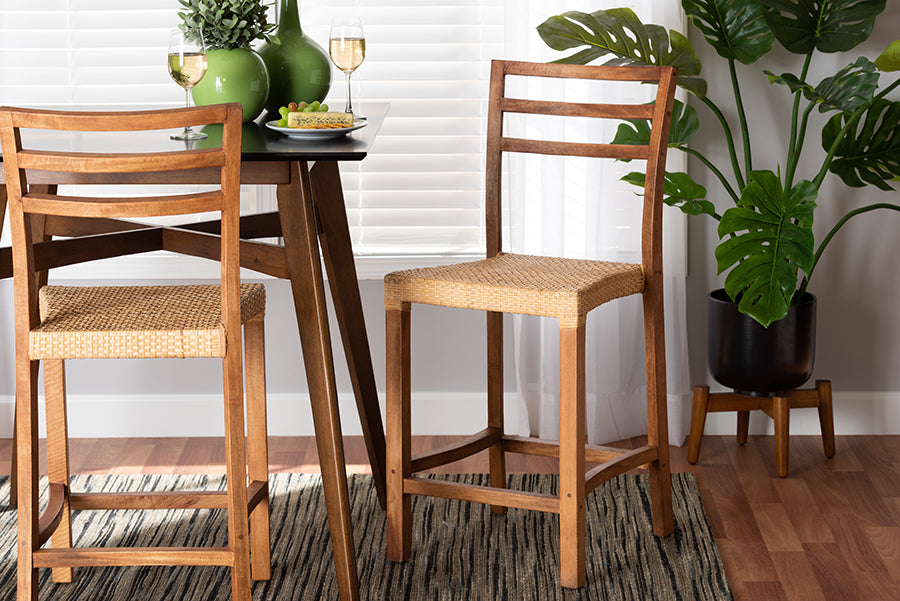 bali & pari Arthur Mid-Century Modern Walnut Brown Mahogany Wood and Natural Rattan Counter Stool