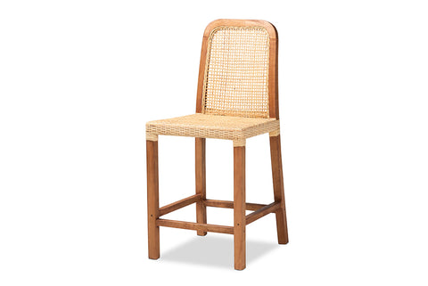 bali & pari Caspia Mid-Century Modern Walnut Brown Mahogany Wood and Natural Rattan Counter Stool