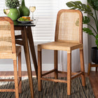 bali & pari Caspia Mid-Century Modern Walnut Brown Mahogany Wood and Natural Rattan Counter Stool