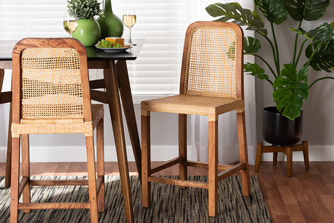 bali & pari Caspia Mid-Century Modern Walnut Brown Mahogany Wood and Natural Rattan Counter Stool