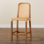 bali & pari Caspia Mid-Century Modern Walnut Brown Mahogany Wood and Natural Rattan Counter Stool